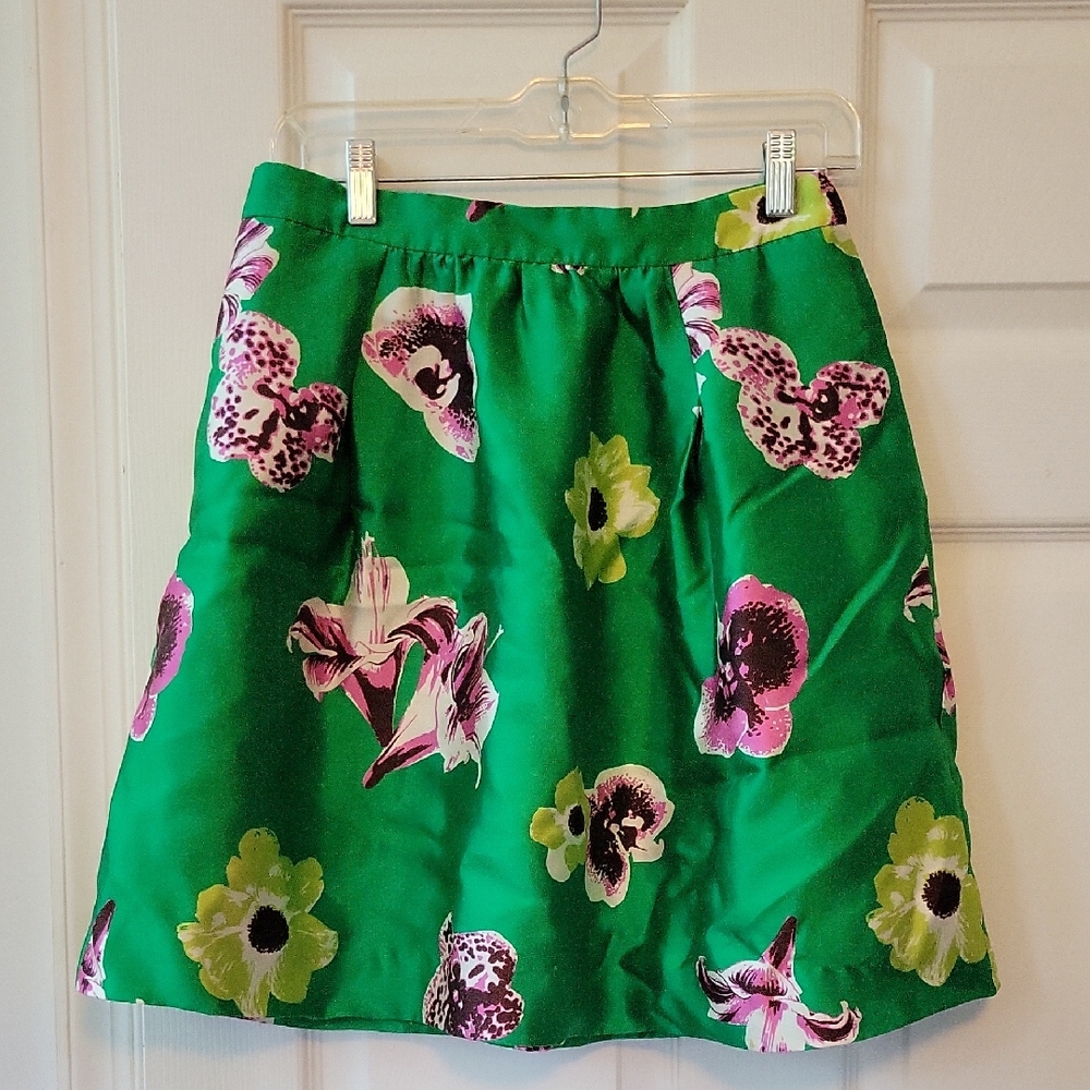 J. Crew Green Graphic Floral Silk Skirt, Sz 2